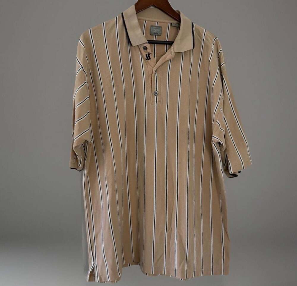Haggar Men’s Golf Tan Vertical Striped 100% Cotton Polo Shirt Size XXL 2X
